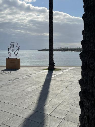 a bench next to a palm tree next to the ocean at Casa Golf Mar Menor in Los Martínez