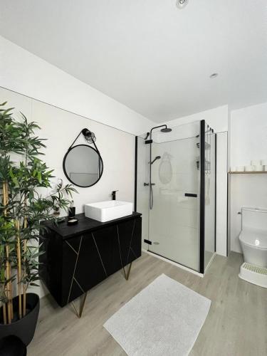 une salle de bain avec un lavabo, des toilettes et un miroir dans l'établissement Villa Saint Martin, à Malemort-du-Comtat