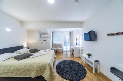 a bedroom with a large bed and a tv at F Apartmani Kragujevac in Kragujevac