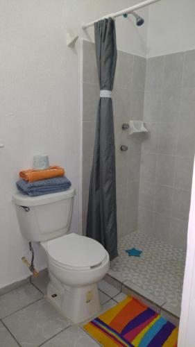 a bathroom with a toilet and a shower at Turquoise Comfort Haven in Cancún
