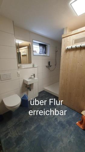 a bathroom with a toilet and a sink and a mirror at Monteurzimmer in Schwendi