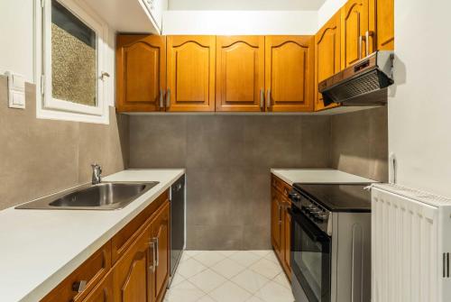 a kitchen with wooden cabinets and a sink at YestayHomes Two Bedroom Apartment Anagnostopoulou in Athens