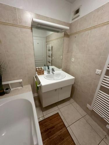 une salle de bain avec un lavabo, une baignoire et un miroir dans l'établissement L éden mer et piscine appartement 53 m2, à Saint-Aygulf