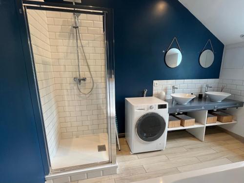 a bathroom with a washing machine and a sink at Maison entière 6 chambres in Saint-André-lez-Lille
