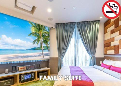 a bedroom with a view of the beach at Hotel Pasela Living in Tokyo