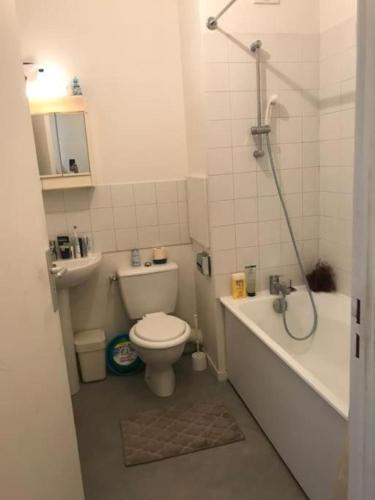une salle de bain avec toilettes, baignoire et lavabo dans l'établissement Cosy appart à balcon Tour Eiffel et parking, à Paris