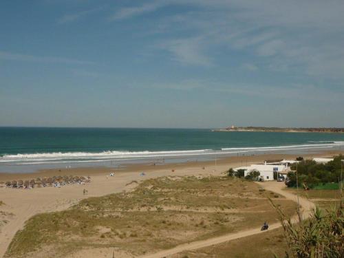 Grupa ludzi na plaży w pobliżu oceanu w obiekcie Apartamento Terraza soleada w mieście Conil de la Frontera