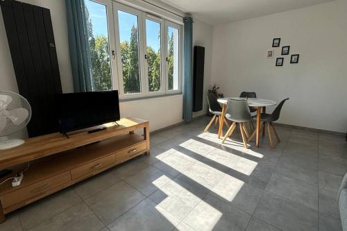 Il comprend un salon doté d'une télévision et d'une table avec des chaises. dans l'établissement Proche gare, T2 tout équipé, à Arras