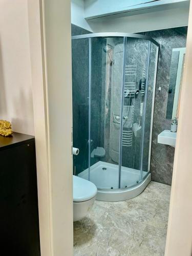 a bathroom with a glass shower and a toilet at Boutique Hotel Pošta RL in Oravský Podzámok