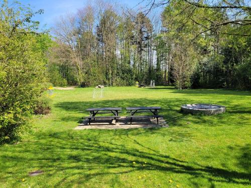two picnic tables and a fire pit in a park at Aarhus Hostel og Hotel in Aarhus