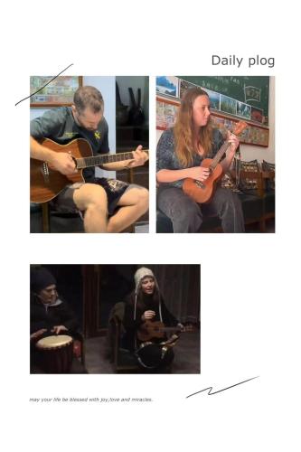 a collage of three pictures of a man playing a guitar at Edinburgh Hostel in Zhangjiajie