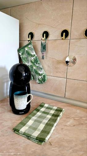 a coffee maker and a coffee cup on a counter at Tiha Voda 1 in Požarevac