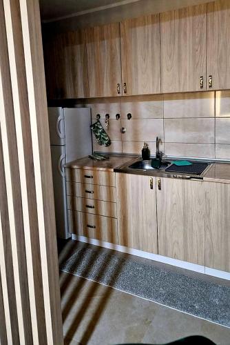 a kitchen with wooden cabinets and a sink at Tiha Voda 1 in Požarevac