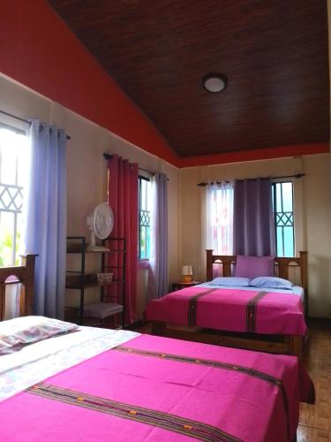 una camera da letto con due letti con lenzuola rosa e finestre di Casa Alegra a Puerto Viejo