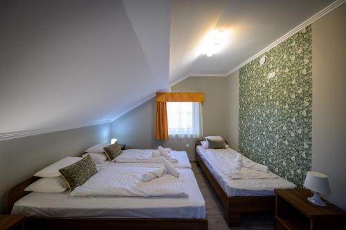 a bedroom with two beds and a window at Álomkert Vendégház in Békésszentandrás