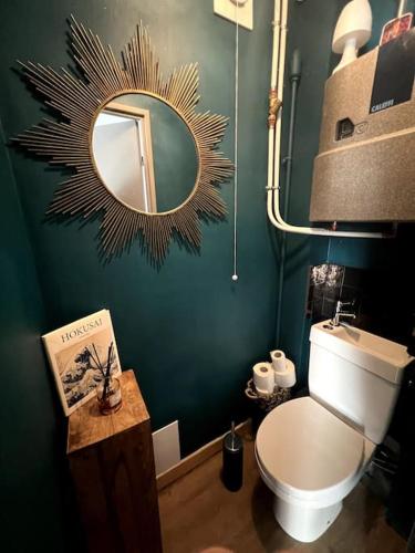 une salle de bain avec toilettes et un miroir au mur dans l'établissement Casa La Selva-Vue magnifique, à Montpellier