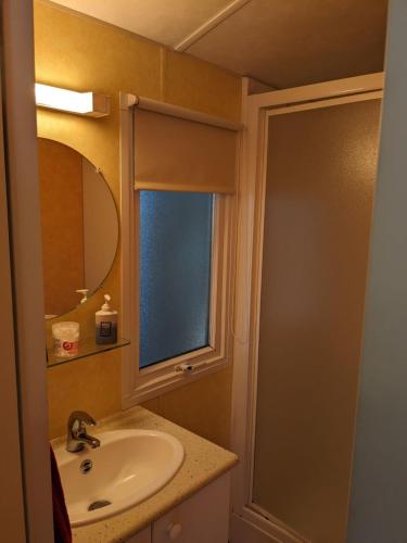 une salle de bain avec un lavabo, un miroir et une fenêtre dans l'établissement Mobil home agrable et fonctionnel, à Besse-et-Saint-Anastaise