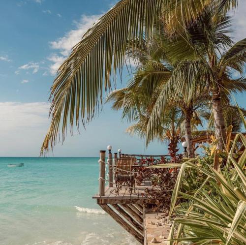 a beach with a table and palm trees and the ocean at Maisha Nungwi - Boutique Hotel in Nungwi