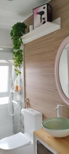 a bathroom with a sink and a toilet and a mirror at La cámara secreta de BelNi in Avilés