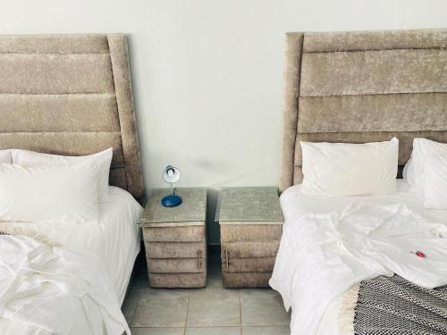 a bedroom with two beds and a table with a lamp at President Guest Lodge in Louis Trichardt