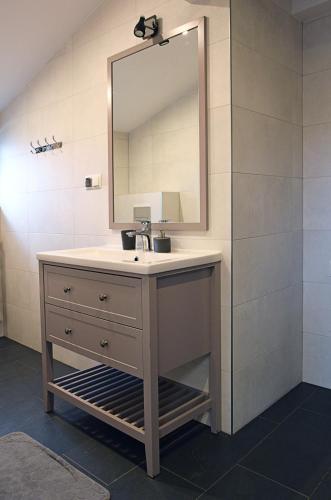 a bathroom with a sink and a mirror at Pokoje Gościnne u Wioli in Jurgów