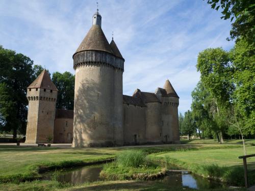 un vieux château avec une tour et un étang dans l'établissement Romantic cottage in garden of Château de La Motte-Feuilly, à La Motte-Feuilly