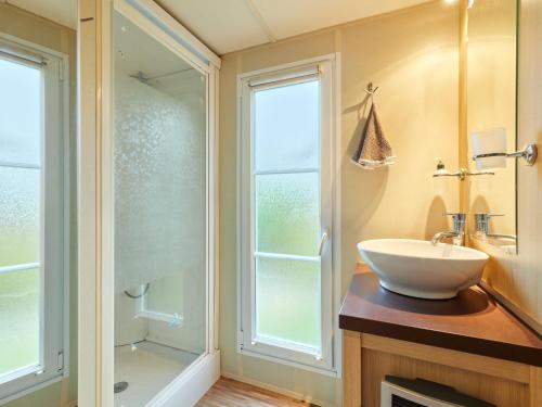 une salle de bain avec un lavabo et une douche en verre dans l'établissement Holiday Home Rêves & Sérénité by Interhome, à Saint-Georges-de-la-Rivière