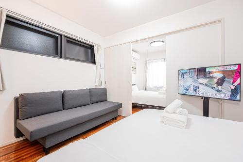 a living room with a couch and a tv at 67 Apt Nishishinjuku Premium in Tokyo
