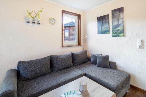 a living room with a couch and a table at Ferienhäuser Hainichhöhe in Hörselberg-Hainich