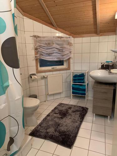 a bathroom with a sink and a toilet and a window at Gepflegtes-Ferienhaus-am-Dankernsee-Haren-Emsland in Haren