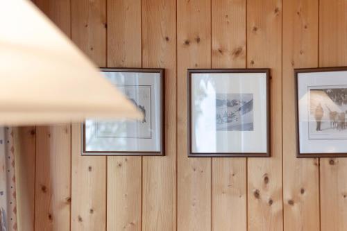 a row of framed pictures on a wooden wall at Appartement Egart 2 in Resia