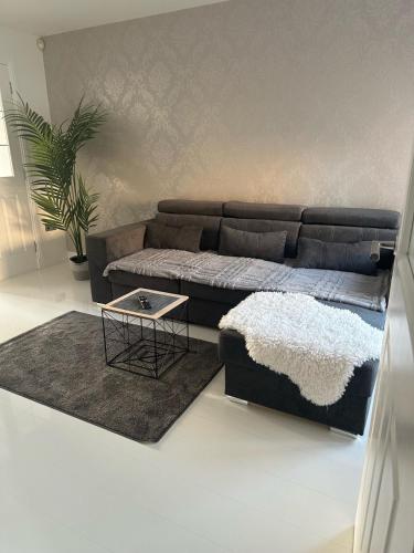 a living room with a couch and a table at Black Daisy in Glasgow
