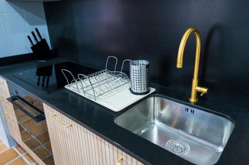 a kitchen counter with a sink and a faucet at Paratene Ostatu Habitaciones in Erandio