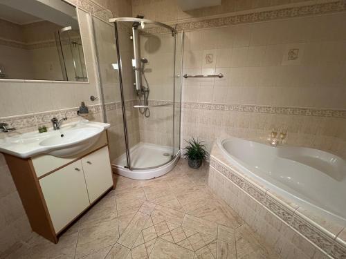 W łazience znajduje się umywalka, wanna i prysznic. w obiekcie Resort Maják w mieście Horní Soběšovice