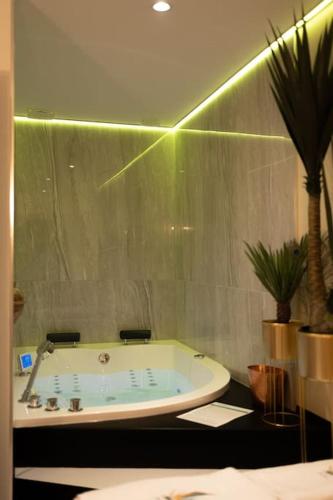 La salle de bains est pourvue d'une baignoire et d'une plante en pot. dans l'établissement Love room Dubaï & Balnéo, à Saint-Rambert-dʼAlbon