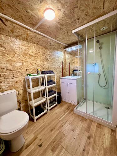une salle de bain avec une douche, des toilettes et un lavabo dans l'établissement Le Bold'air Terrain Agricole Loisir Cross Étang, à Boncourt