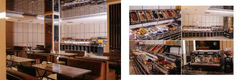 卡尔希Astra hotel的一张餐厅柜台的照片拼贴画。