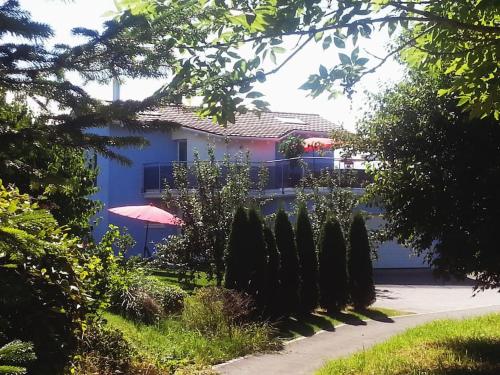 a blue house with a yard with trees at Villa with Pool - Leon's Holiday Homes in Dottikon