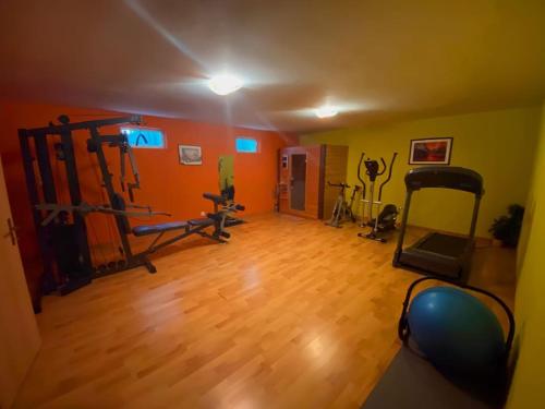 a gym with several exercise equipment in a room at Villa with Pool - Leon's Holiday Homes in Dottikon