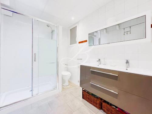 une salle de bain avec une douche, un lavabo et des toilettes dans l'établissement Le Voilier - Appartement Confortable Centre Cannes, à Cannes