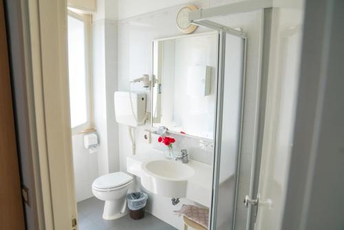 een badkamer met een wastafel, een toilet en een spiegel bij Hotel Singapore in Milano Marittima