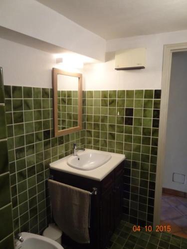 La salle de bains carrelée de couleur verte est pourvue d'un lavabo et de toilettes. dans l'établissement Au calme en campagne au milieu des oliviers centenaires, à Tourrettes