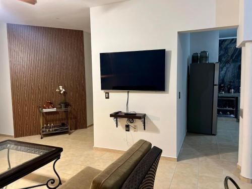a living room with a couch and a tv on a wall at Departamento Purisima Ubicacion Estrategica y Amplio Zona Alameda Cerca del Centro in San Francisco del Rincón