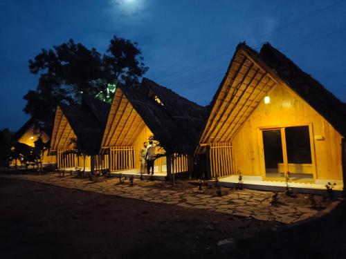 a house at night with the moon in the sky at Hill Stone View Hampi in Hampi