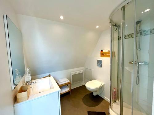 une salle de bain avec un lavabo, une douche et des toilettes dans l'établissement Chez Léon - Calme & Lumière, à Reims