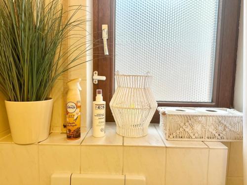 a window sill with two bottles of soap and a plant at La Pura Vida in Bühlertann