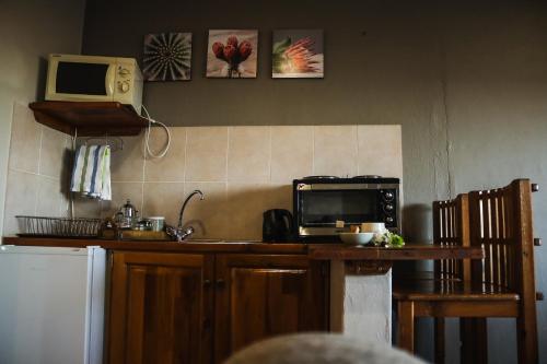 a kitchen with a counter with a microwave and a microwave at Fraaiuitsig in Kokstad