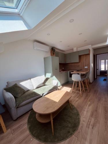 un salon avec un canapé et une table dans l'établissement appartement terrasse Roof Top climatisé, à Gaillac