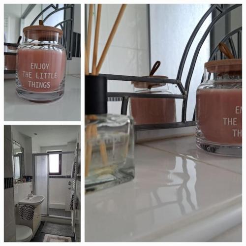 two pictures of a jar on a counter with a bathroom at Ferienwohnung mitten in der City in Wilhelmshaven