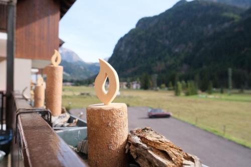a wooden fence with a view of a mountain at Residence Fontanazzo in Campitello